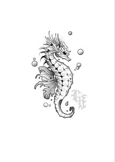 a black and white drawing of a sea horse