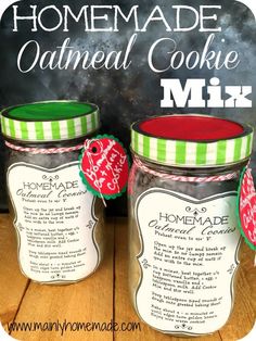 homemade oatmeal cookie mix in two jars on a table with the words homemade oatmeal cookie mix