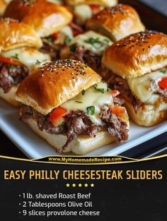 a poster advertising cheese steak sliders on a white plate with other sliders in the background