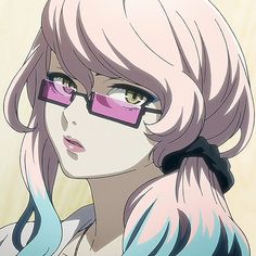 an anime character with pink hair and glasses