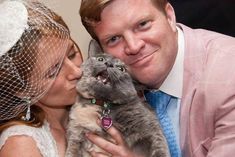 a woman kissing a man with a cat in her lap and wearing a veil on his head