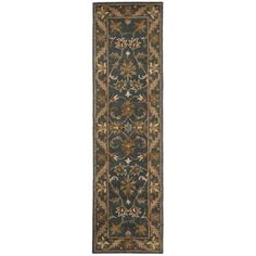 a long rug with an ornate design on the bottom and sides, in dark blue