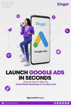 an advertisement for google ads with a woman holding a megaphone