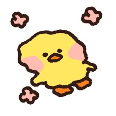 a drawing of a yellow chick with pink dots around it's neck and feet