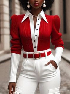 Black Friday Sale,Up To 70% Off.Buy Inexpensive Sweaters at Stylewe online store, SPU: 117SWB5058B, Color: White-Red, Pattern:Color Block, Style:Elegant. Red Black Outfit, Fall Clothes For Women, Long Denim Dress, Classy Sweater, Shirt Collar Pattern, Balloon Sleeve Shirt, Color Block Shirts, Chanel Style, Elegant Sweater