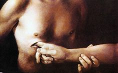 a painting of a man with his hands on his chest