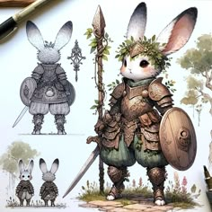 an image of rabbits dressed in armor and holding swords with two other animals behind them