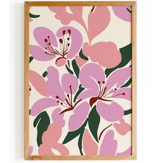 a pink and green floral print on a white background with wood frame in the middle