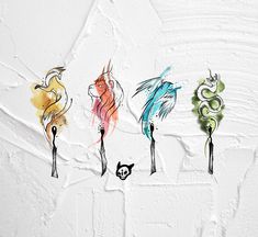 four different colored birds are standing in the same direction on a white background with black and green accents