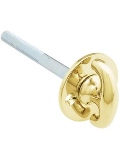 a gold faucet with a toothbrush in it's mouth on a white background