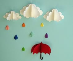 an arabic greeting card with paper umbrellas and raindrops in the sky on a blue background