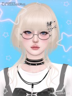 a woman wearing glasses and a black choker with stars on it's collar