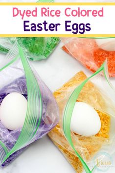 dyed rice colored easter eggs in bags with text overlay that says dyed rice colored easter eggs