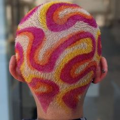 Shaved Head Pattern Dye, Buzzcut Color Design, Colorful Shaved Head, Bald Head Color Designs, Buzzed Head Design Men, Designs On Shaved Head, Buzzed Hair Color Design, Cool Shaved Head Designs, Buzzed Head Dye Designs