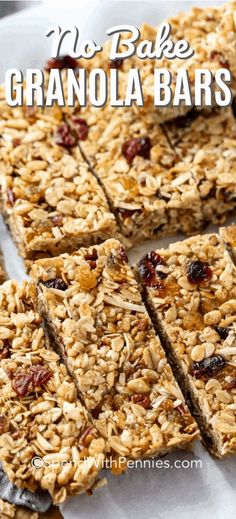 no bake granola bars cut into squares and stacked on top of each other