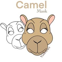 two animal masks with the words camel and sheep on it's face, in front of