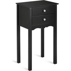 a small black table with two drawers on one side and an open drawer on the other