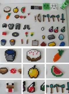 several pictures of different items made out of perler beads and magnets on a white surface