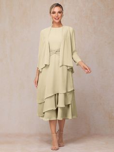 2 Pieces Tea Length Long Sleeves Chiffon Mother Of The Bride Dress Wedding Guest Men, Mother Of The Groom Dress, Tea Length Dress, Chiffon Long Sleeve, Dress With Long Sleeves, Tea Length Dresses, Sleeves Dress, Junior Bridesmaid Dresses, Mother Of The Bride Dress