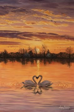 a painting of two swans in the water at sunset