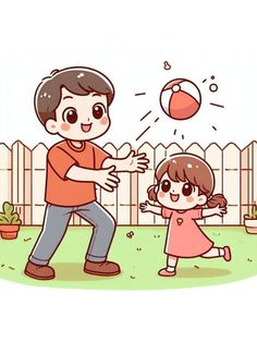 a man and girl playing with a ball in the yard