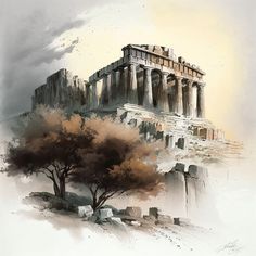 an artistic painting of the parthenon in acrobatic style with trees