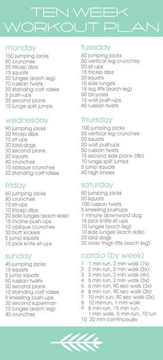 the ten week workout plan is shown on a green and white poster with an arrow