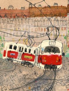 a drawing of a red and white train going down the tracks with power lines above it