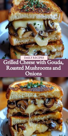 Grilled Cheese, Gouda, Roasted Mushrooms, Roasted Onions, Sandwich Recipe, Vegetarian Recipe Cheese Game, Crispy Bread, Gourmet Grilled Cheese, Roasted Mushrooms, Mushroom And Onions, Gooey Cheese, Grilled Cheese, Onions, Main Dishes