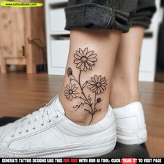 a woman's foot with a flower tattoo on the side of her leg,