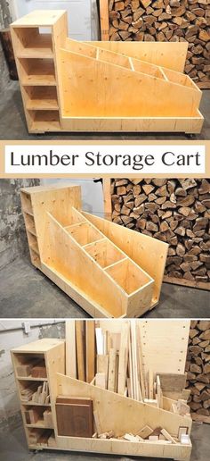 the lumber storage cart is made out of wood and has multiple compartments to store it