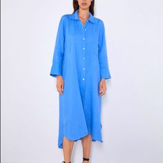 Nwt Zara 100% Linen Blue Button Down Oversized Shirt Dress. Lapel Collar And Long Cuffed Sleeves. Front Patch Pocket And Sides Pockets Asymmetric Hem With Side Vents. Front Button Closure. Can Be Used As A Dress Or As A Bathing Suit Cover-Up. Size L Zara Shirt Dress, Paperbag Hose, Female Shirt, Navy Shirt Dress, Collared Shirt Dress, Dress Zara, Linen Shirt Dress, Linen Midi Dress, Blue Shirt Dress