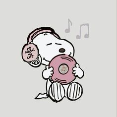 a cartoon character holding a pink object with music notes on it's ear and nose