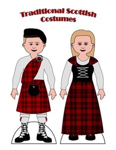 Learn about the culture of Scotland with these beautifully detailed printable full-color traditional Scottish paper doll costumes.This pack includes:- 1 full-color 2-piece printable female paper doll outfit.- 1 full-color 3-piece printable male paper doll outfit.- 1 "white" skin toned printable female paper doll.- 1 "white" skin toned printable male paper doll.Clothing and shoes attach to doll via foldable tabs. Scotland Clothes, Traditional Scottish Clothing, Paper Doll Outfits, Scotland Outfit, Scottish Crafts, Scottish Costume, Paper Doll Costume, Scottish Dress, White Skin Tone