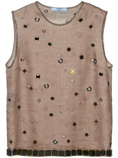 beige/khaki silk organza semi-sheer construction eyelet embellishment crystal embellishment bead embellishment round neck concealed side zip fastening sleeveless straight hem Eyelets Fashion, Eyelet Fashion, Prada Top, Bead Embellishment, Organza Top, City Dress, Embellished Top, Silk Organza, Crystal Embellishment