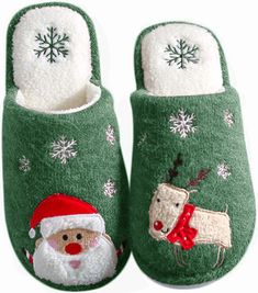 Get in the holiday spirit with these cozy slide on holiday themed slippers. They make a great gift for a loved one and pair great with your family Christmas pajamas. The slippers feature non slip grips on the sole. The upper has a festive Santa design and a snowflake on the heel. You'll love the soft, cozy material as well. Slide on scuff slipper Four colors Festive Santa design How To Wash Shoes, Christmas Slippers, Green Santa, Purple Hats, Family Christmas Pajamas, Mom And Sister, Santa And Reindeer, Slide On, On Holiday