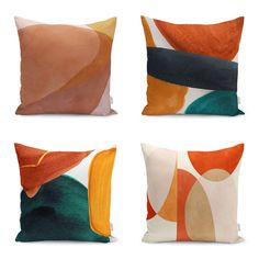 four pillows with different colors and shapes on them, each one has an abstract design