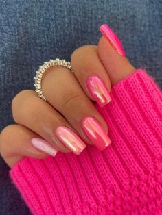 Multicolor  Collar   Plain Color Nails Embellished   Beauty Tools Pink Chrome Biab Nails, Hot Pink Chrome Acrylic Nails, Hot Pink Ombre Chrome Nails, Hayley Bieber Nails Pink Chrome, Neon Chrome Nails Hailey Bieber, Valentine Nails, Easy Nails, Colorful Nails, Cute Pink Nails