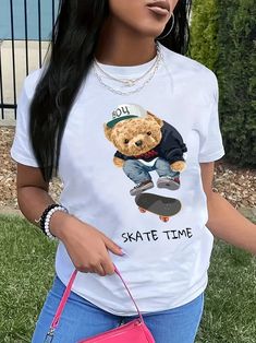 Bear Cartoon Print Crew Neck T-Shirt, Casual Short Sleeve T-Shirt For Trendy Relaxed Fit T-shirt For Leisure, Casual Crew Neck T-shirt With Cartoon Print, Leisure Crew Neck T-shirt With Letter Print, Summer Leisure T-shirt With Short Sleeves, Trendy Short Sleeve Leisure T-shirt, Trendy Short Sleeve T-shirt For Leisure, Short Sleeve T-shirt For Summer Leisure, Short Sleeve T-shirt For Leisure In Summer, Spring Leisure Graphic Tee