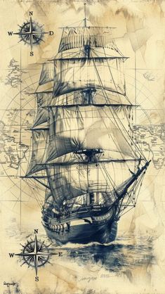 a drawing of a sailboat in the ocean with compasss on it's side