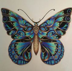 a blue and black butterfly with intricate designs on it's wings, sitting against a white wall