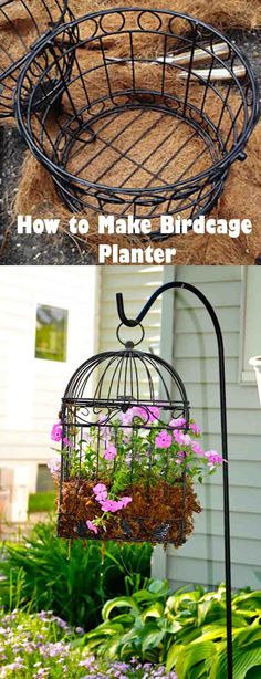 a birdcage with flowers hanging from it's side in front of a house