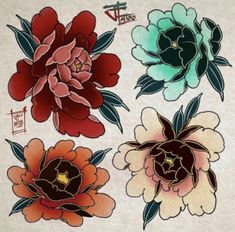 four flowers are shown in different colors and designs on a piece of paper that has been drawn