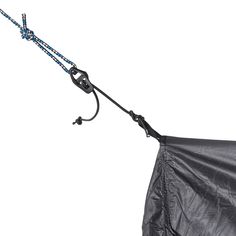 a black umbrella is attached to a blue pole with a hook on the handle and an extension cord