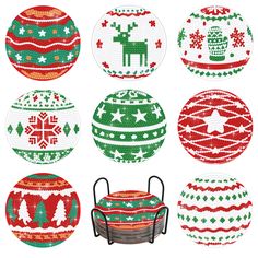 twelve christmas baubles with different designs on them