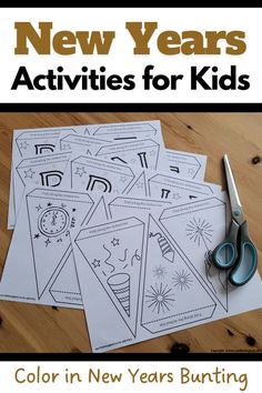 Pin text reads, New Years Activities for Kids. Color in New Years Bunting. Image of the new years banner printed out with some scissors beside it. New Year Banner Printable Free, New Year Songs For Kids, New Years Activities For Preschool, New Year Activities For Kids Preschool, New Years Eve For Kids, New Years Crafts For Preschoolers, New Years Preschool, New Years Crafts For Kids, New Years Crafts