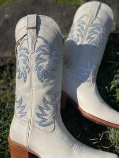 "Tecova's  Women's Cowboy Boots - perfect to dress up a boho wedding or glam cowboy boots.  I wish I had these as Bridal Cowboy Boots for my wedding, would be amazing wedding reception shoes or wedding ceremony shoes.  ** choose either pearl or crystal - color variations are available and customizations are possible please message me https://www.tecovas.com/products/the-annie?variant=38164775731395 they come in many different colors This snip toe cowgirl boot has a 2\" heel and 14\" shaft. The Annie is made from soft bovine or water-resistant suede from top to bottom. - These are soft leather. Wedding cowboy boots @Sonaichic__ on IG and TikTok @Soniachicc on FB @Soniachic on Pinterest   for more content!" Fitted White Boots For Country Events, Western White Embellished Boots, Western Boots With Rhinestones And Snip Toe, Western Snip Toe Boots With Rhinestones, Western Style Snip Toe Boots With Rhinestones, Western Embellished Snip Toe Boots, White Embellished Snip Toe Boots, Fitted Snip Toe Wedding Boots, Silver Fitted Boots For Wedding