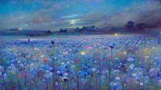 a painting of blue flowers in a field at night