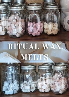 several jars filled with marshmallows on top of a shelf