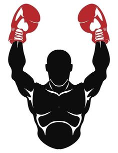 the silhouette of a man with boxing gloves on his shoulders and hands in the air